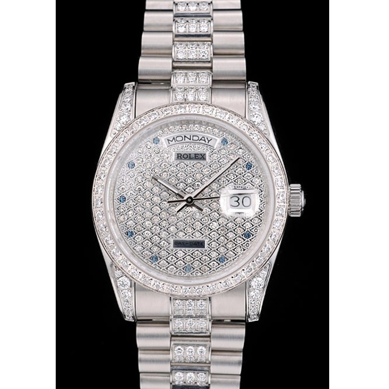 Aaa fake watches 41986 Plated Dial Rolex Plated Diamond Diamond Steel Stainless DayDate Bracelet 0728